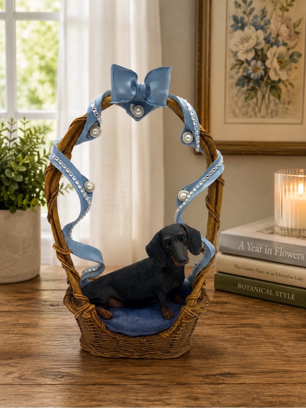 Danbury Mint Blue Ribbon Dachshund Basket Clock Display Resin Dog Figurine AS IS